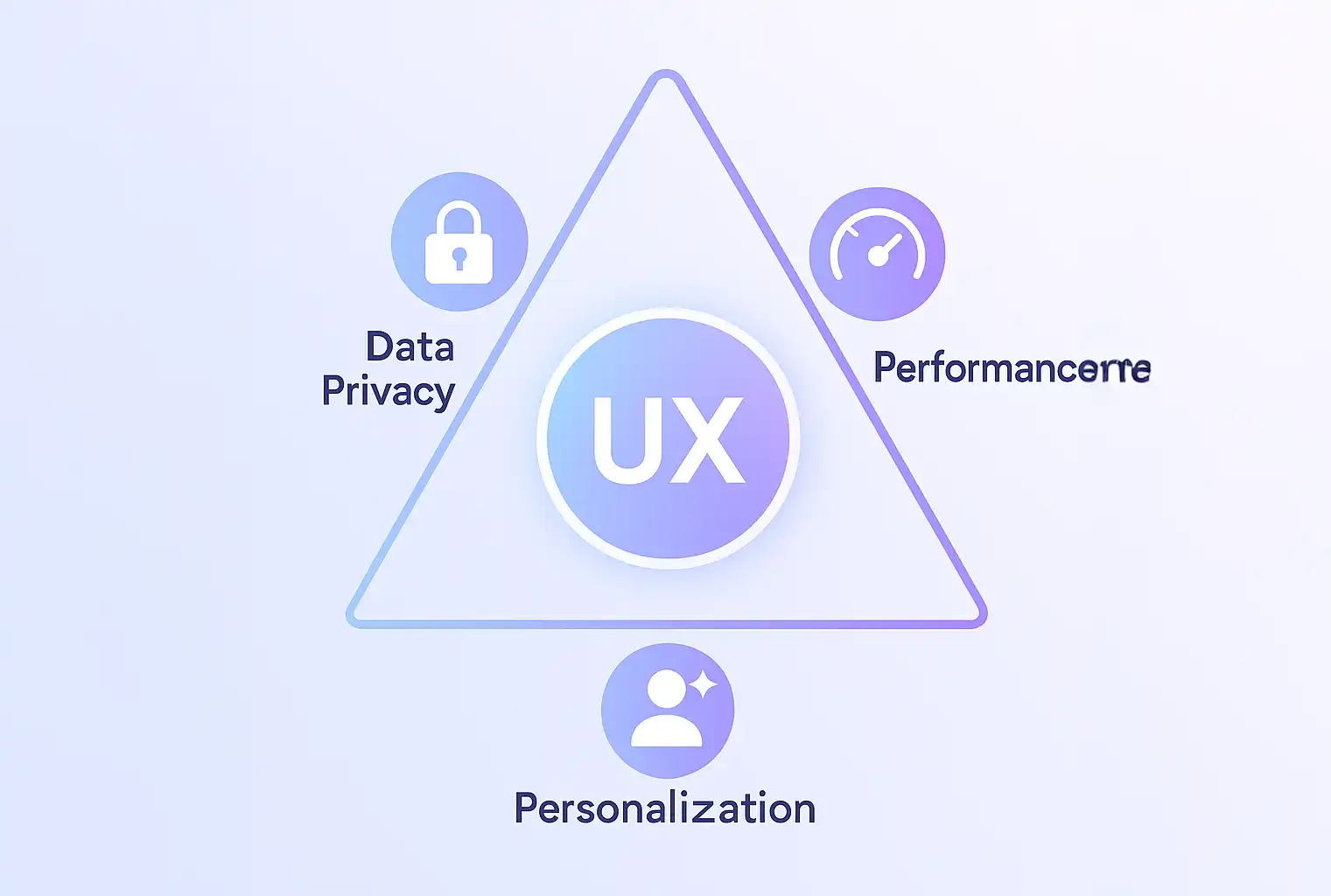 Symbolische Darstellung von UX im Zentrum von Datenschutz, Personalisierung und Performance