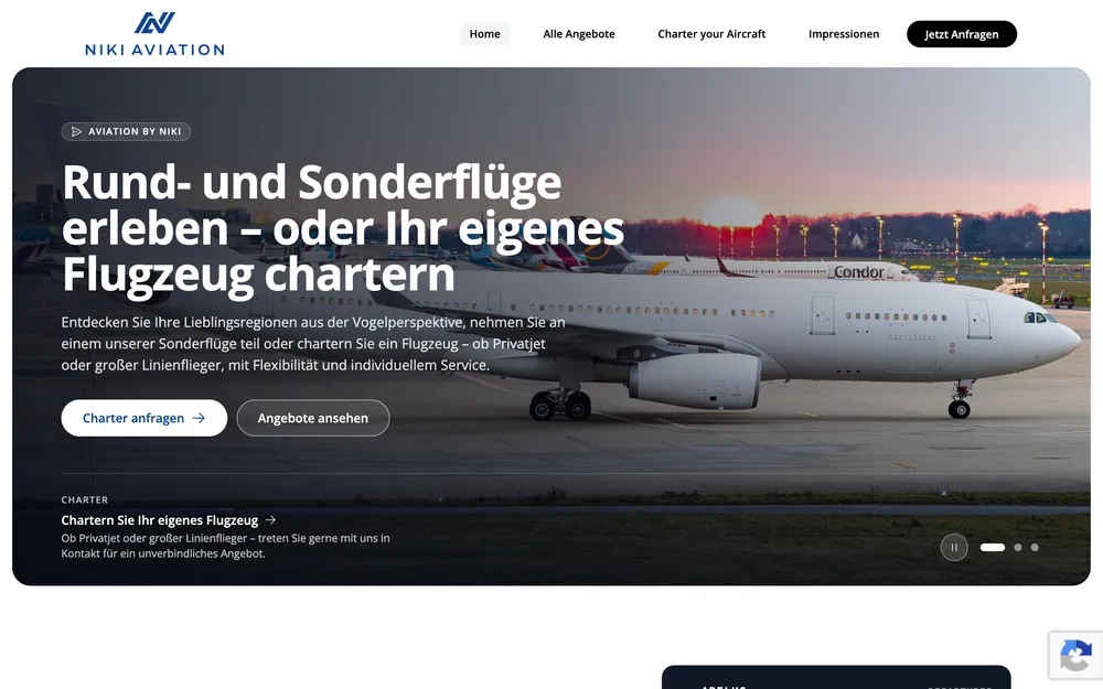 Startseite von Aviation by Niki: Rund- und Sonderflüge erleben oder ein eigenes Flugzeug chartern