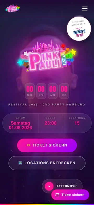 Mobile Ansicht der Pink Pauli Festival Website mit Countdown und Ticket-Button