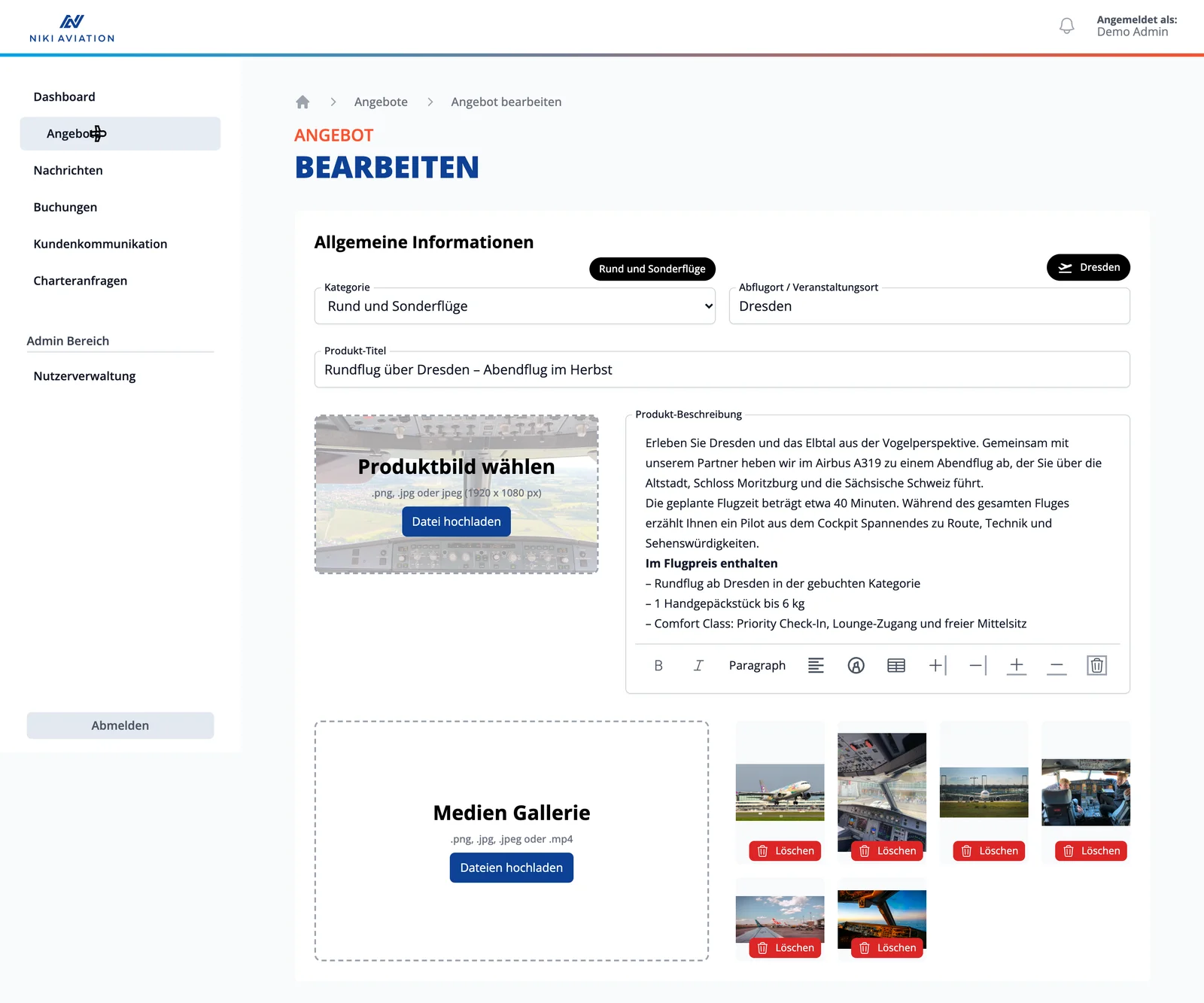 Interner Bereich, Angebot bearbeiten: links die Navigation mit Dashboard, Angebote, Nachrichten, Buchungen, Kundenkommunikation und Charteranfragen, rechts Felder für Kategorie, Abflugort und Titel, ein Titelbild mit Upload-Button ein Texteditor mit der Beschreibung des Dresden-Rundflugs und darunter die Mediengalerie mit sechs Fotos, jeweils mit rotem Löschen-Button