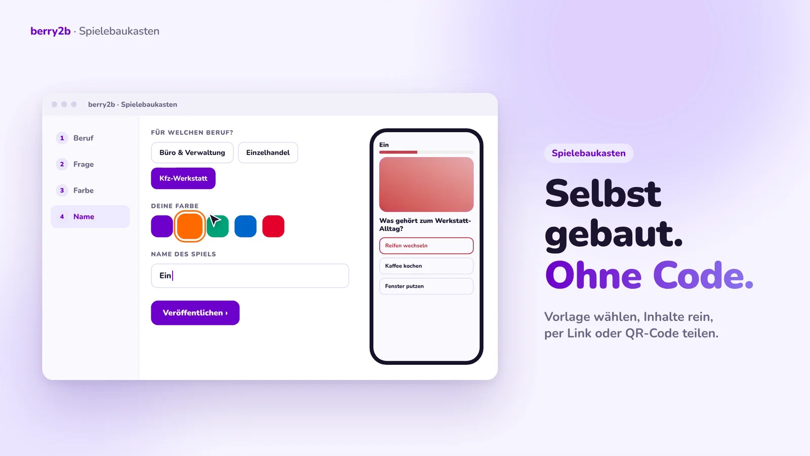 Baukasten-Szene: Der Spielebaukasten mit Farbwahl und Smartphone-Vorschau, daneben „Selbst gebaut. Ohne Code.“