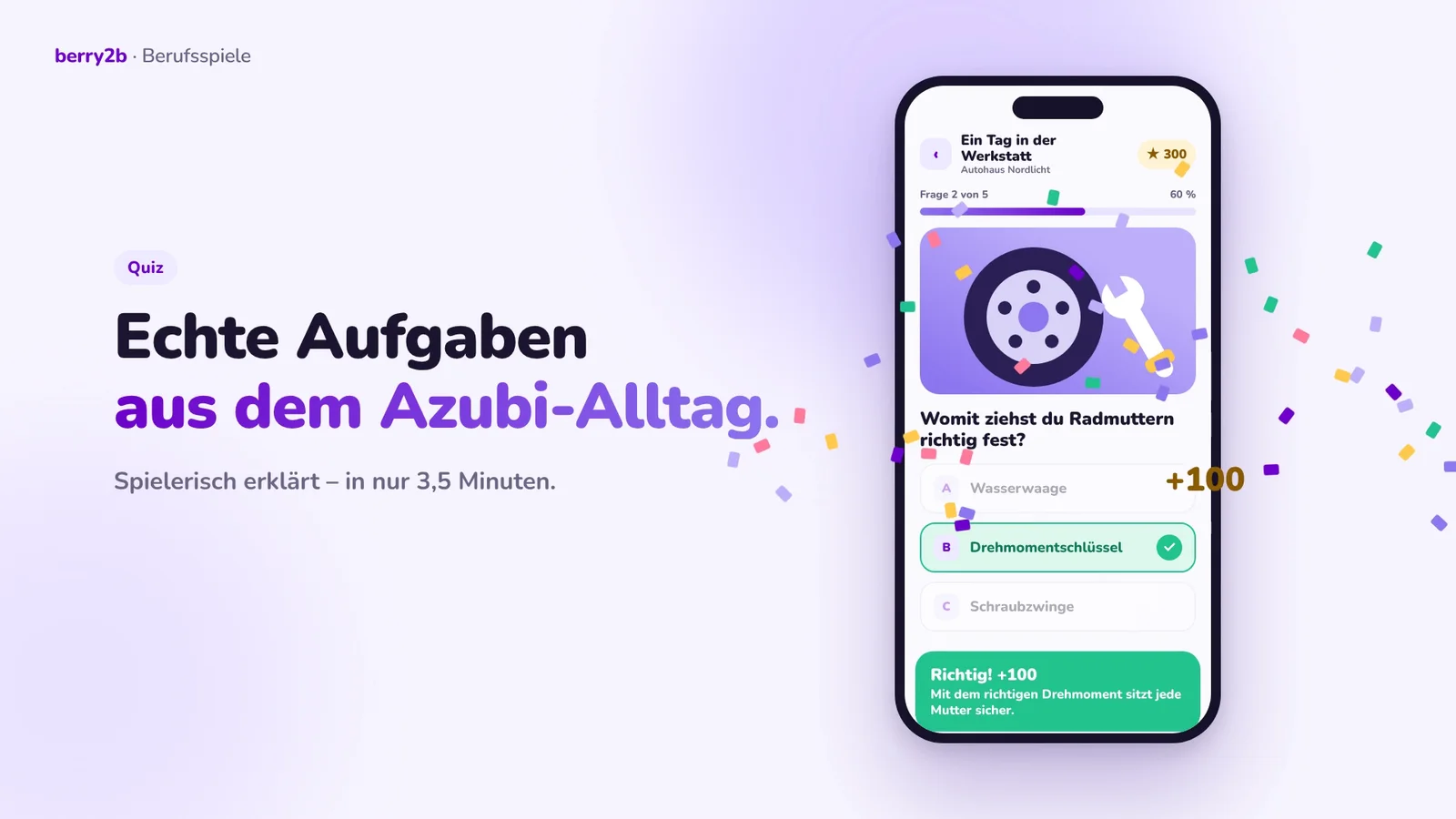Quiz-Szene: Ein Smartphone zeigt die Frage, womit man Radmuttern richtig festzieht, daneben „Echte Aufgaben aus dem Azubi-Alltag.“
