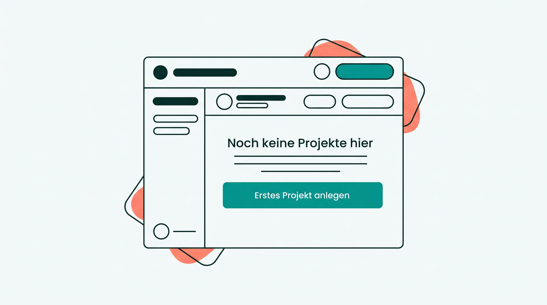 Eine leere Projektliste mit der Überschrift „Noch keine Projekte hier“ und dem Knopf „Erstes Projekt anlegen“