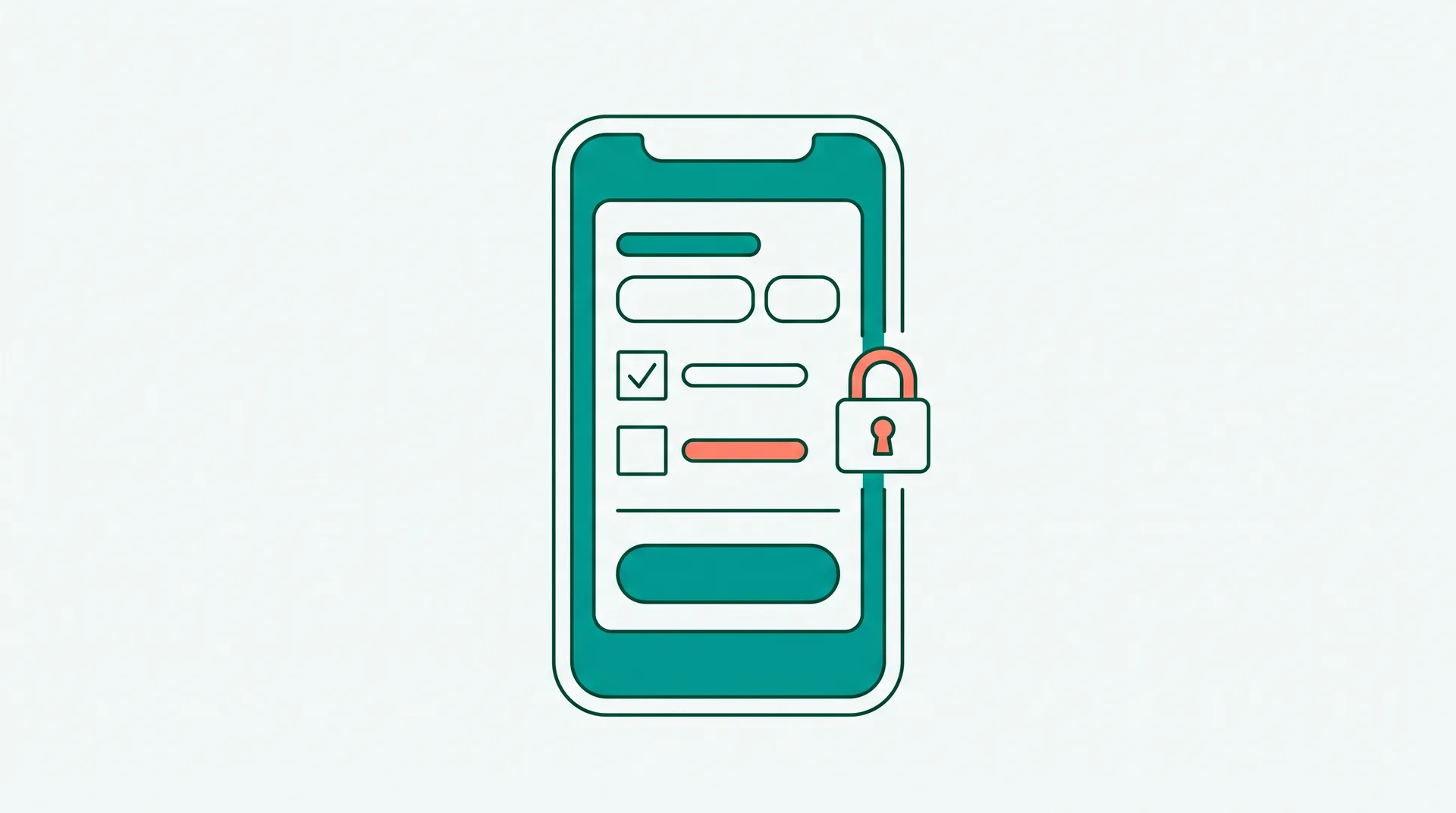 Ein Formular auf einem Smartphone mit zwei Kontrollkästchen, einem Schloss-Symbol und einem breiten Bestätigungsknopf