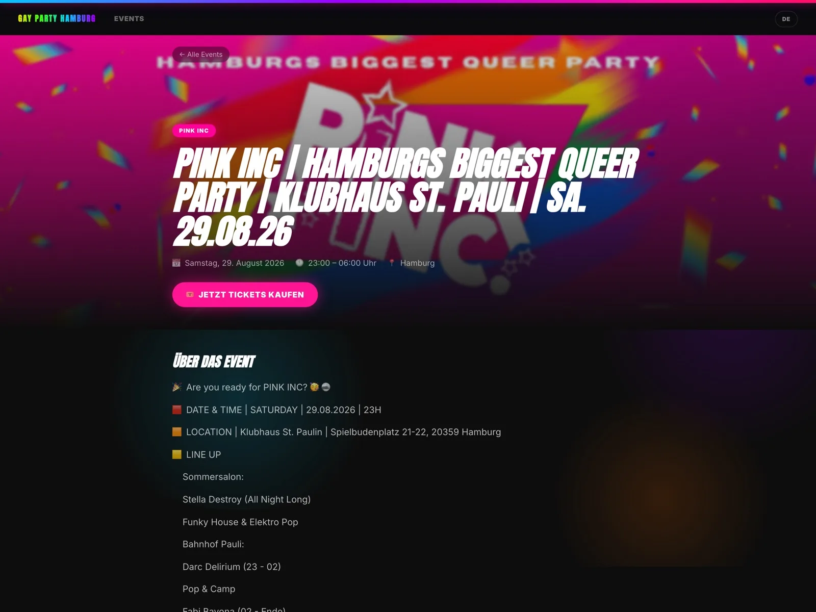 Event-Detailseite mit Poster als Hero, Datum, Location und direktem Ticket-Button