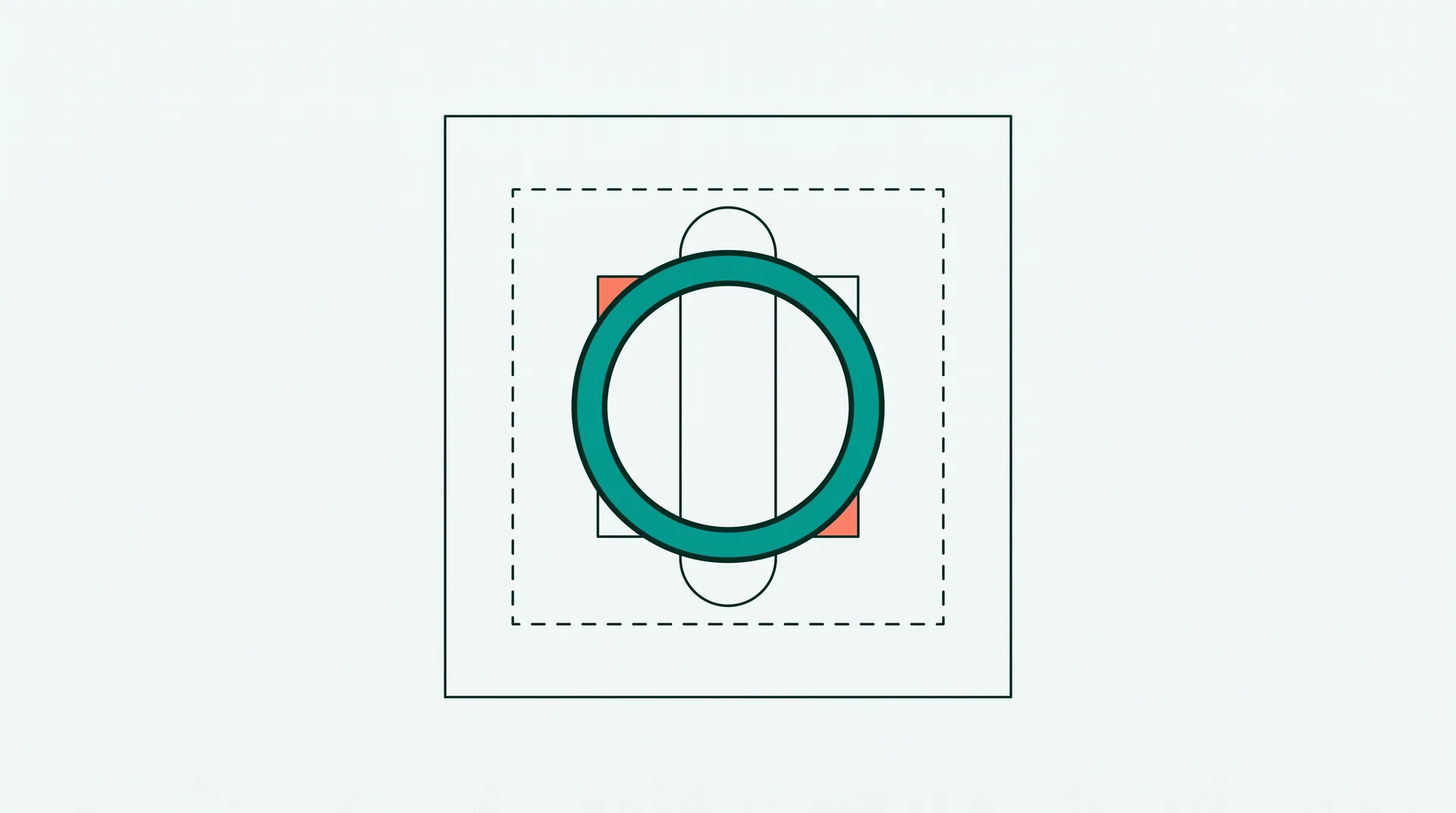 Eine quadratische Zeichenfläche mit gestricheltem Innenrand: in der Mitte liegen ein dünner Kreis, ein Quadrat und ein hochkantes Rechteck deckungsgleich übereinander, darüber ein kräftiger Ring, der genau auf dem Kreis sitzt.