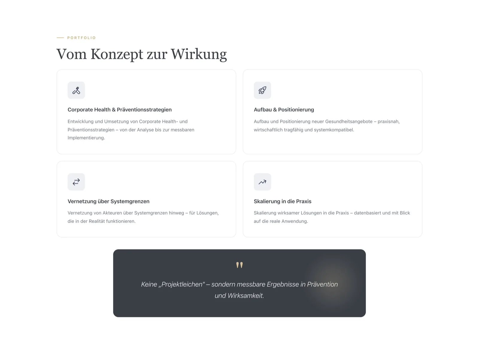 Portfolio-Abschnitt mit vier Leistungsbereichen als Karten