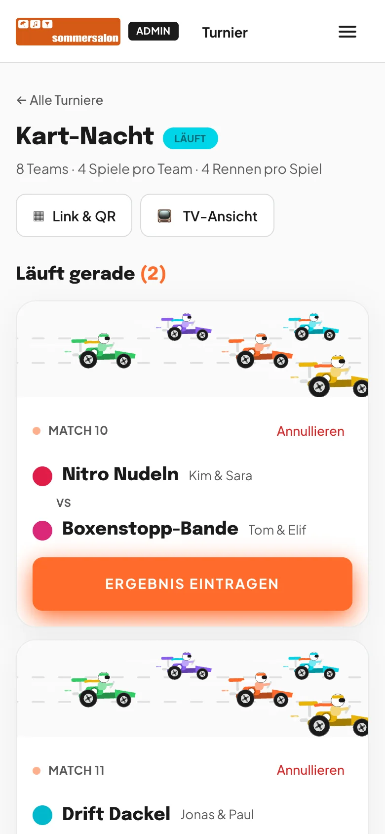 Turnier-Steuerung am Handy: Überschrift Kart-Nacht, darunter Läuft gerade mit zwei Match-Karten, jede mit einem Streifen fahrender Karts, den beiden Teams und dem Button Ergebnis eintragen
