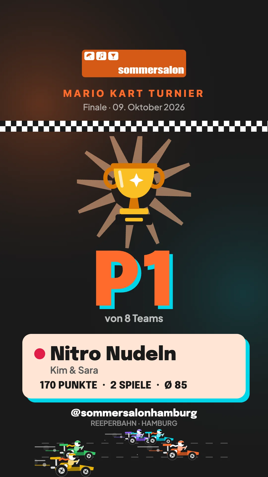 Instagram-Story für Platz 1: Sommersalon-Logo, Überschrift Mario Kart Turnier, ein Pokal mit Strahlenkranz, darunter groß P1 in Orange mit Cyan-Schatten, eine Karte mit Nitro Nudeln, Kim und Sara, 170 Punkten und unten fahrende Karts