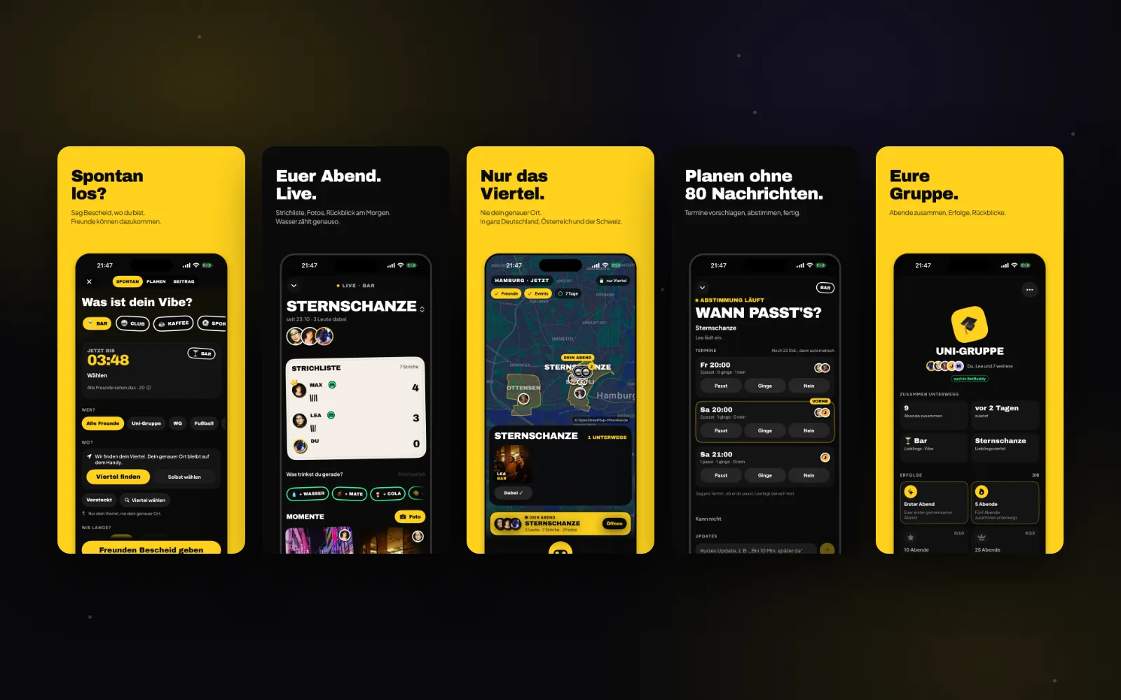 Fünf gelbe App-Store-Screenshots von Lesgoo nebeneinander mit den Überschriften Spontan los?, Euer Abend. Live., Nur das Viertel., Planen ohne 80 Nachrichten. und Eure Gruppe., jeweils mit dem passenden Screen der App darunter