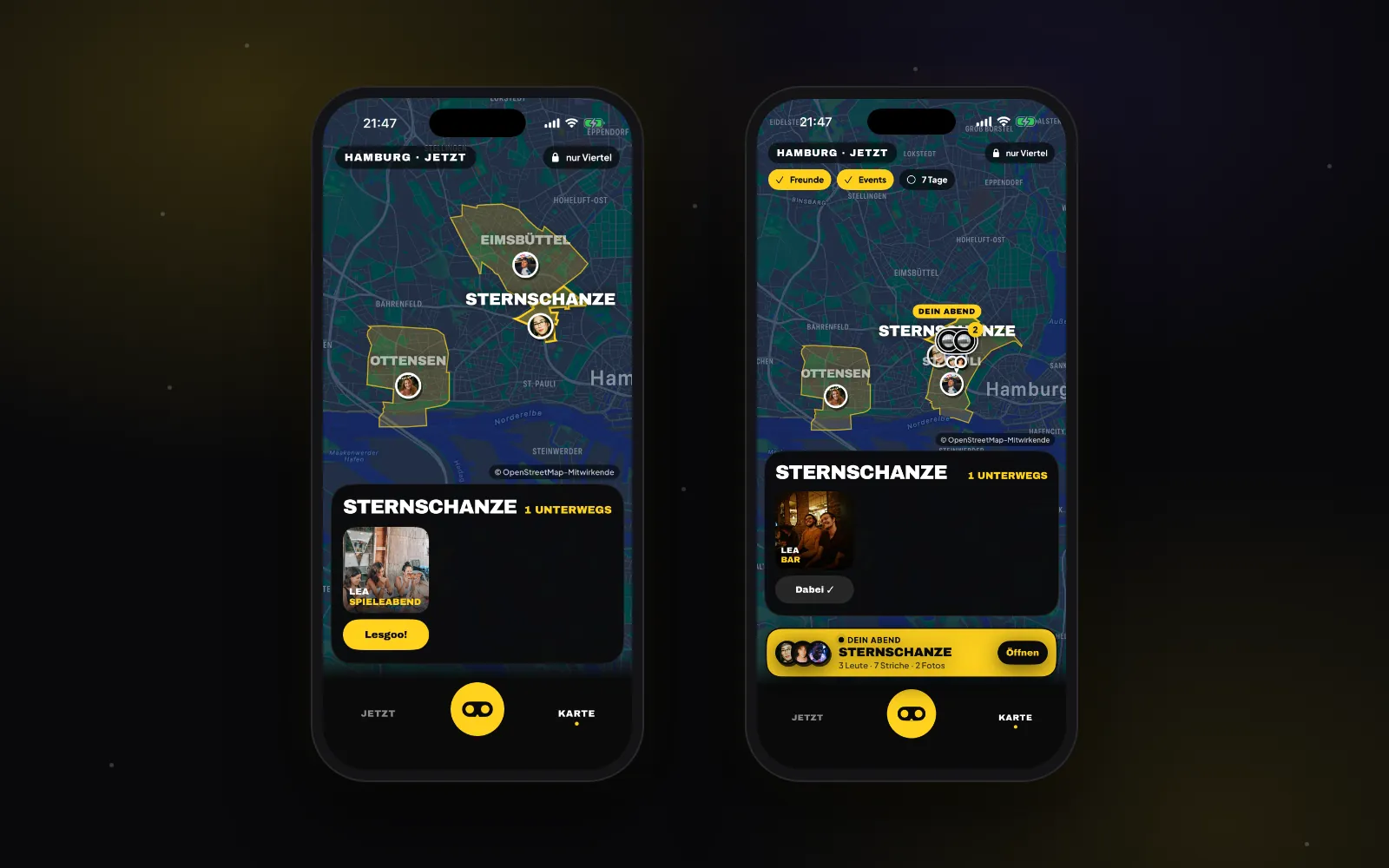 Zwei iPhones mit Lesgoo: links die Karte Hamburg Jetzt mit dem Hinweis nur Viertel, gelb hervorgehobenen Vierteln Eimsbüttel, Sternschanze und Ottensen mit Profilbildern und der Karte Sternschanze, 1 unterwegs, rechts dieselbe Karte mit Filtern für Freunde, Events und 7 Tage und einem Banner Dein Abend Sternschanze mit drei Leuten