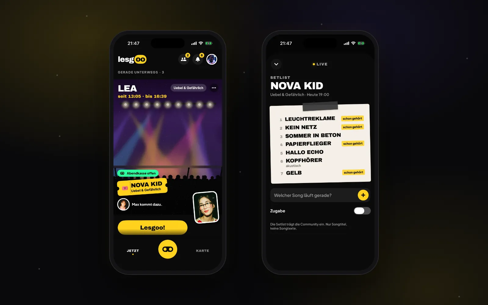 Zwei iPhones mit Lesgoo: links Lea im Konzert-Modus beim Konzert von Nova Kid im Uebel & Gefährlich mit Bühnenlicht, dem Hinweis Abendkasse offen und dem Ticket-Symbol, rechts die Live-Setlist von Nova Kid als heller Zettel mit sieben Songs, von denen fünf als schon gehört markiert sind, und einem Feld Welcher Song läuft gerade?