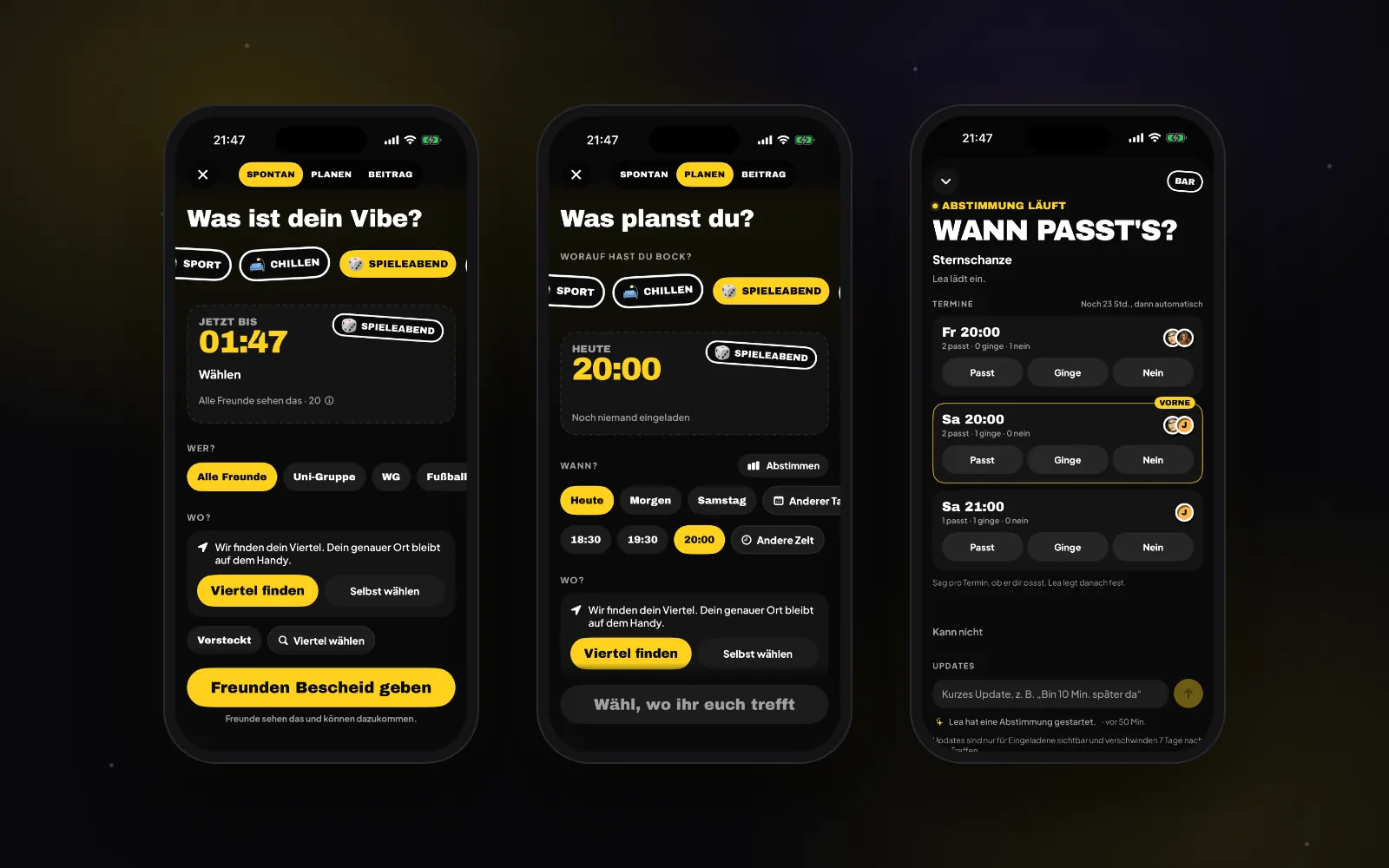 Drei iPhones mit Lesgoo: links der Check-in Was ist dein Vibe? mit Spieleabend, unterwegs bis 01:47, sichtbar für alle Freunde und dem Hinweis, dass der genaue Ort auf dem Handy bleibt, in der Mitte Was planst du? für heute 20:00 Uhr, rechts die Abstimmung Wann passt's? mit drei Terminen und den Antworten Passt, Ginge und Nein