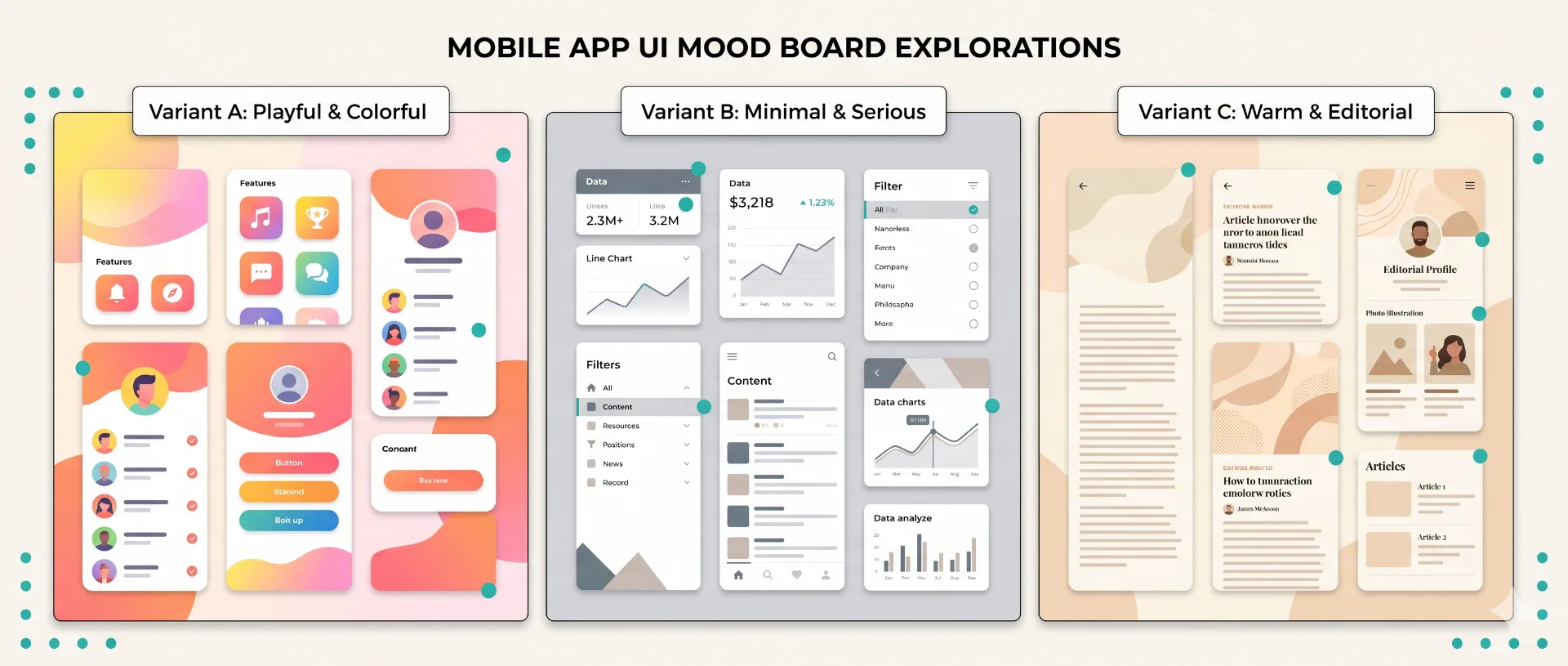 Moodboard mit drei App-Varianten nebeneinander: A verspielt und farbig, B minimal und sachlich, C warm und redaktionell