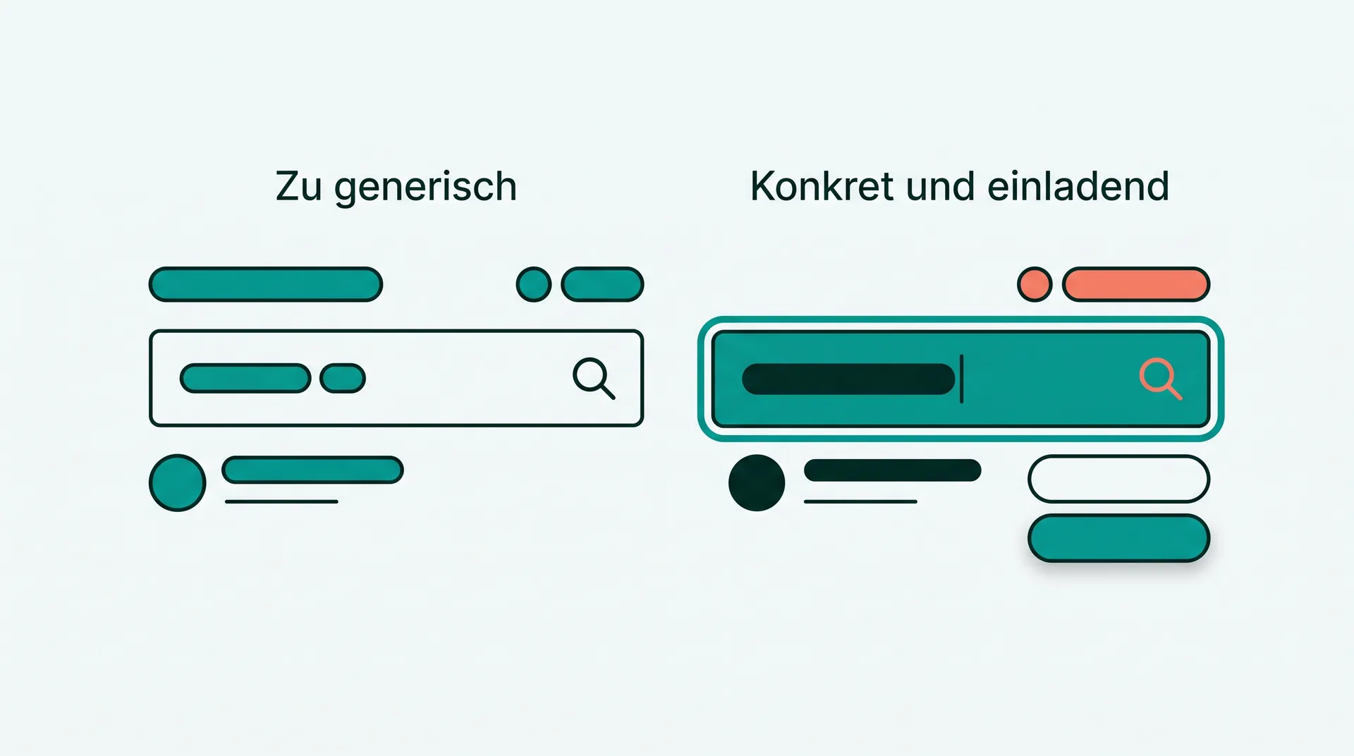 Zwei Sucheingabefelder im Vergleich, beschriftet mit „Zu generisch“ und „Konkret und einladend“