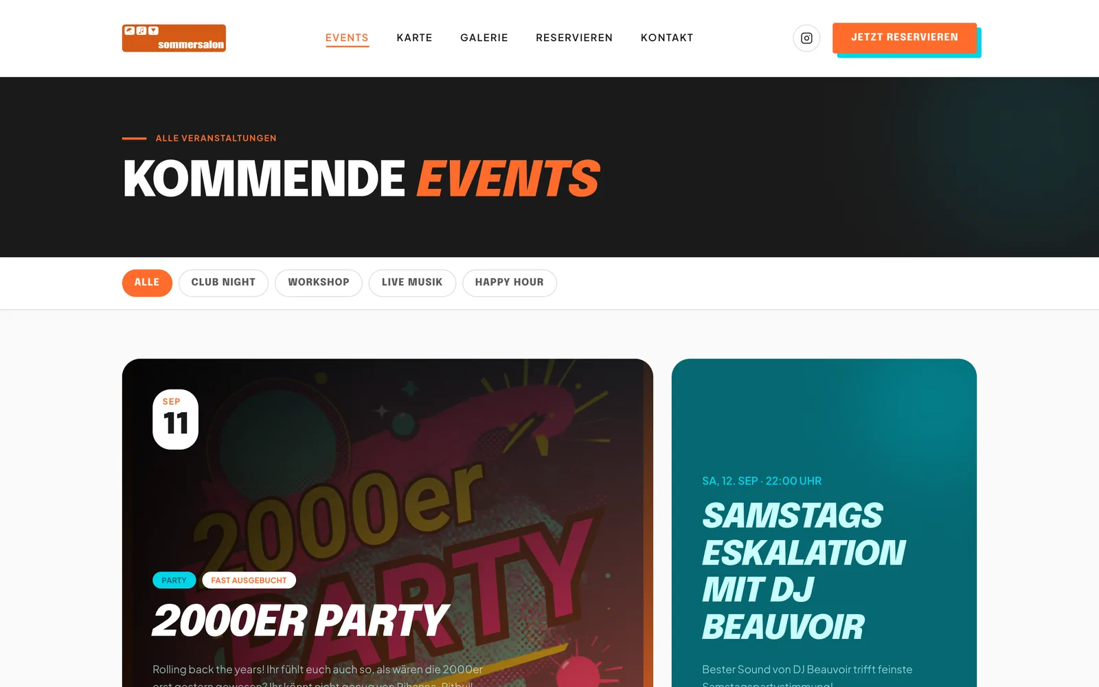 Eventübersicht mit dunklem Kopfbereich Kommende Events, darunter Filter-Chips Alle, Club Night, Workshop, Live Musik und Happy Hour und die ersten Eventkarten mit Badges wie Fast ausgebucht